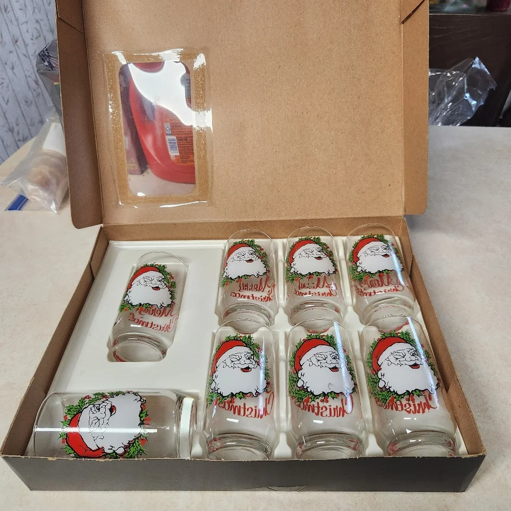70s Set Anchor Hocking Winking Santa Glass Tumblers Hostess Box Merry Christmas - Picture 4 of 10